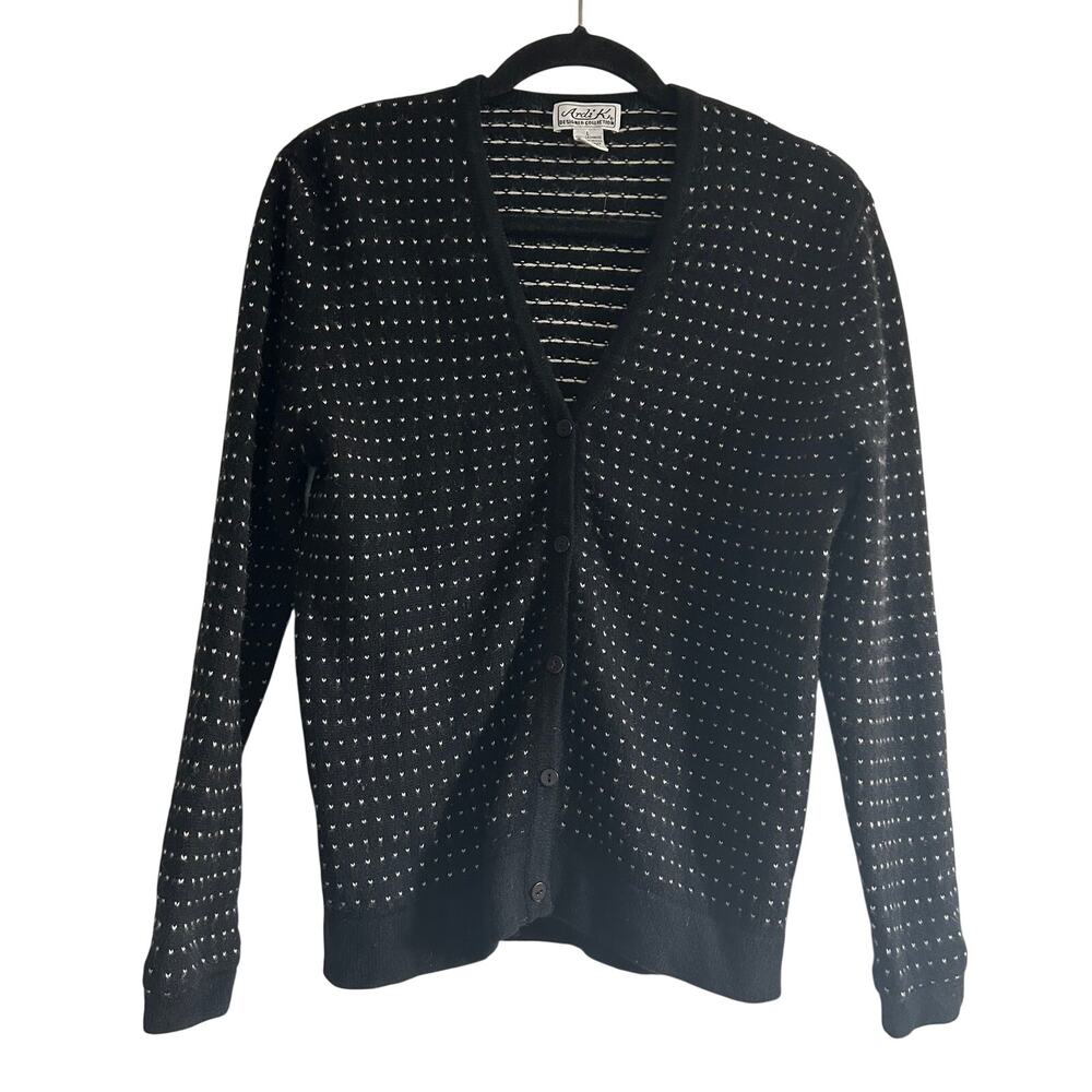Ardi K 100% Cashmere Cardigan Women M Black White Dot Button Front Sweater